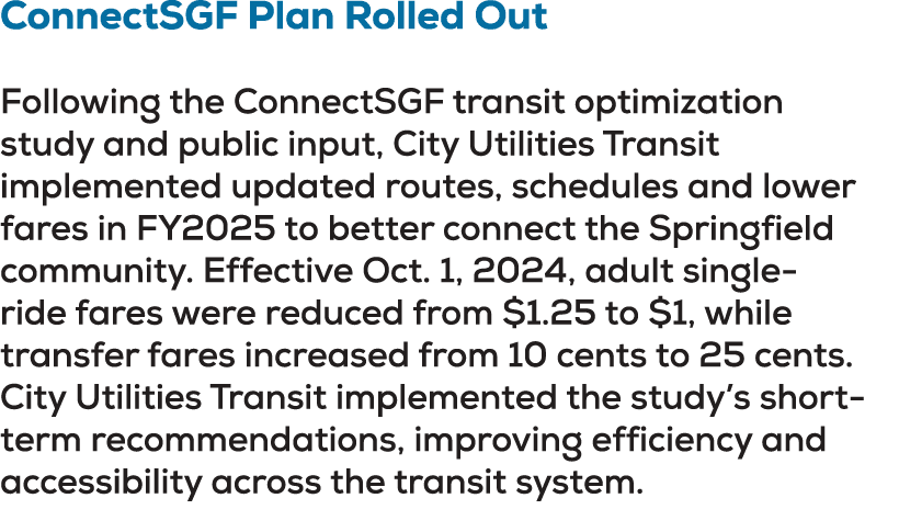 ConnectSGF Plan Rolled Out Following the ConnectSGF transit optimization study and public input, City Utilities Trans...