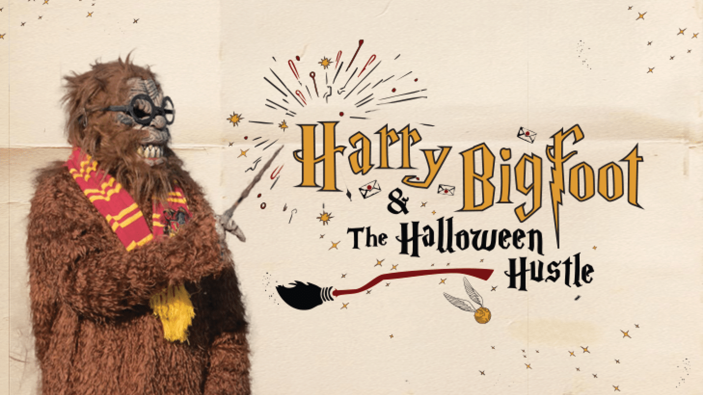 A large, furry creature with a scarf around its neck is holding a wand and a bow. The creature is standing next to a sign that says “Harry Bigfoot & the Halloween Hustle." AI generated content
