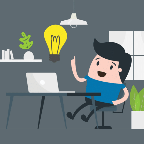 A man is sitting at a desk with a laptop, pointing at a light bulb. AI generated content