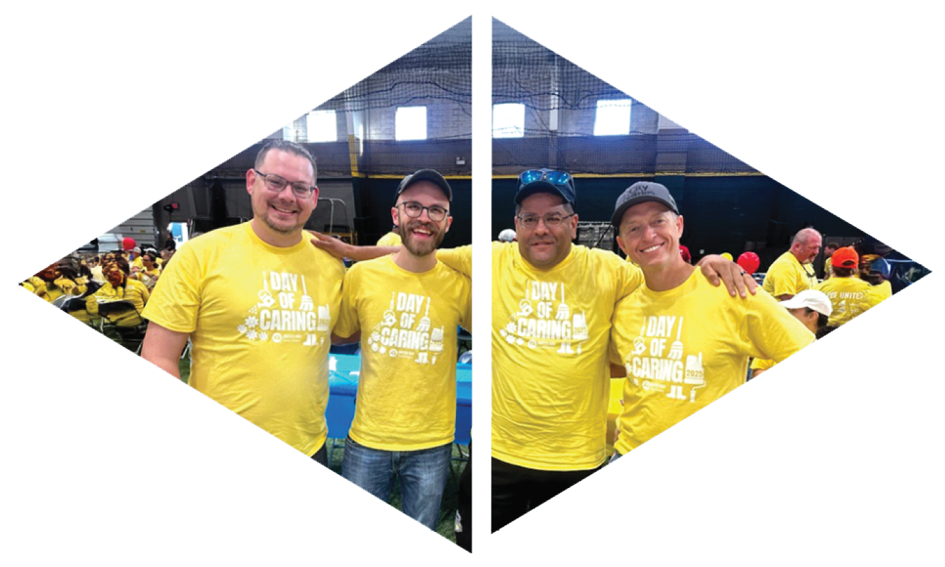 Four men wearing yellow shirts pose for a picture. AI generated content